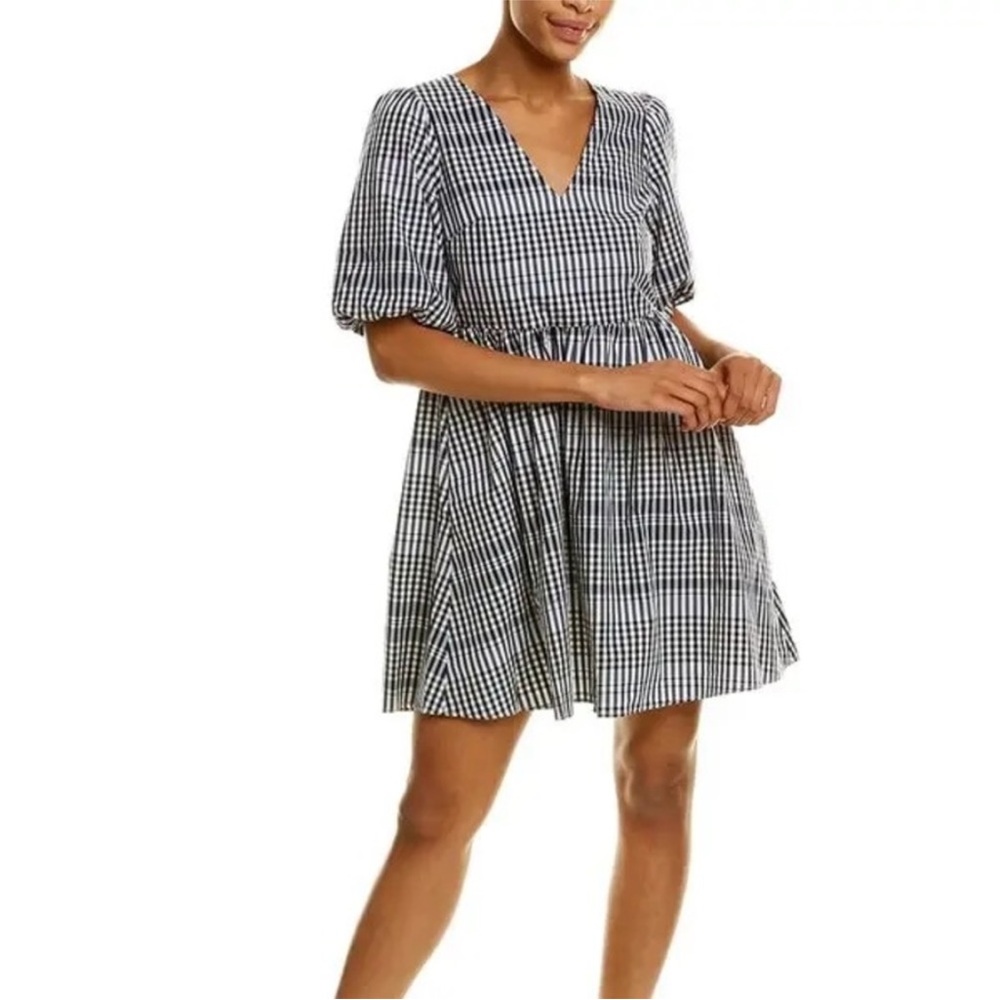 Madewell Sz 8 Poplin V-Neck Bubble-Sleeve Gingham Mini Dress